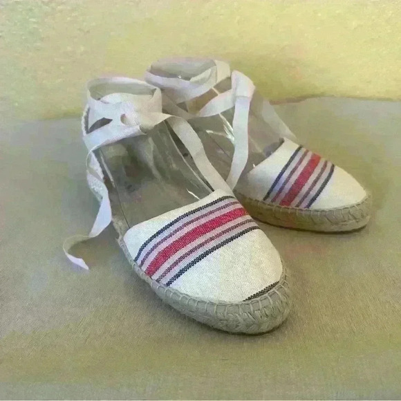 Manebi Hamptons Striped Canvas Espadrilles With Ankle Ties In Tan Size 39/9 NWOT - Picture 3 of 12